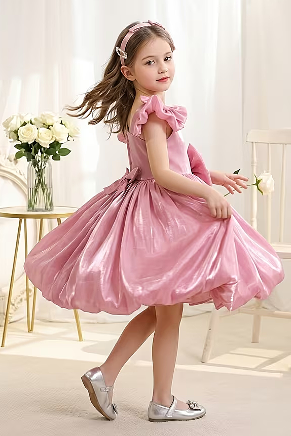 Warm Peach Iridescent Mermaid Organza Ruffle Bow Bubble Dress