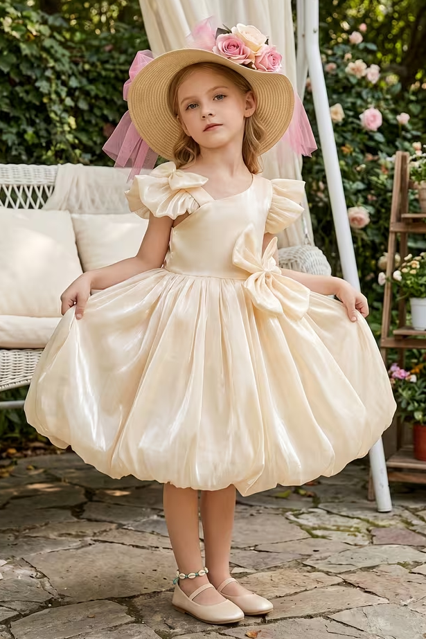 Warm Peach Iridescent Mermaid Organza Ruffle Bow Bubble Dress