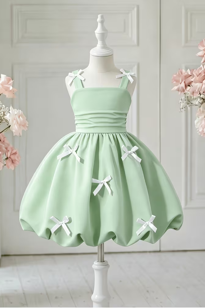 Sage Green High-Quality White Bows Four-Way Stretch Camisole Dress