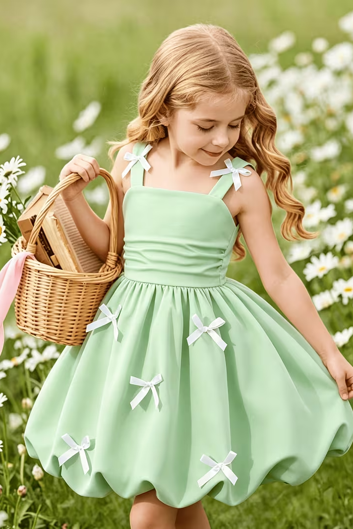 Sage Green High-Quality White Bows Four-Way Stretch Camisole Dress
