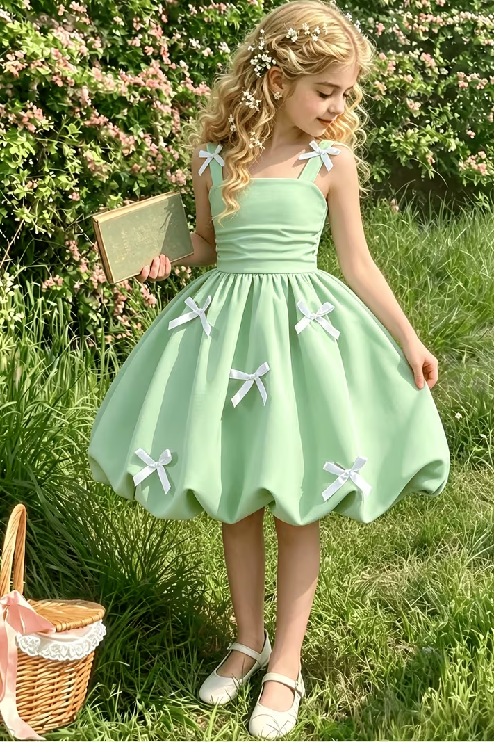 Sage Green High-Quality White Bows Four-Way Stretch Camisole Dress