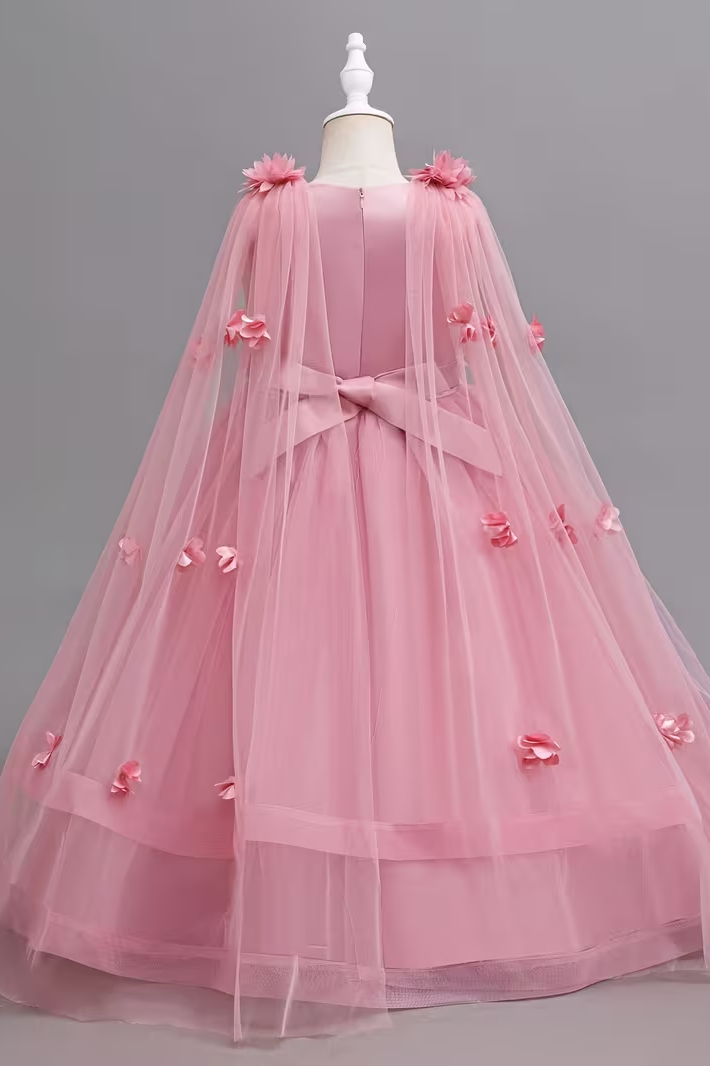 Pink Round Neck 3D Floral Embellished Tulle Cape Train Floor-Length Dress
