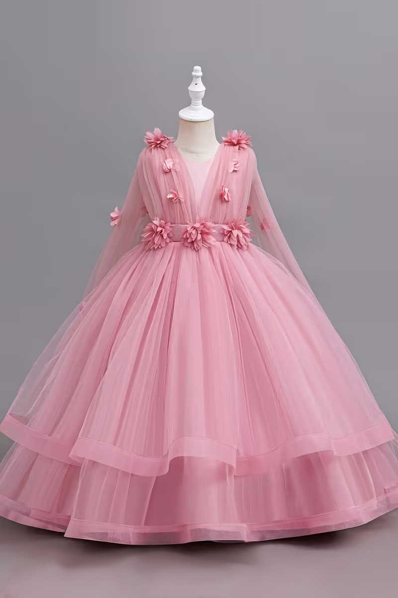 Pink Round Neck 3D Floral Embellished Tulle Cape Train Floor-Length Dress