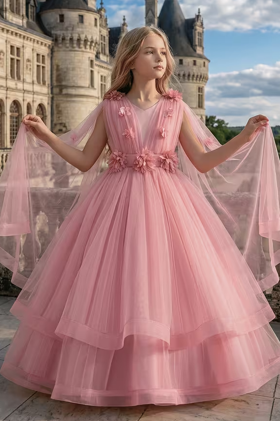 Pink Round Neck 3D Floral Embellished Tulle Cape Train Floor-Length Dress