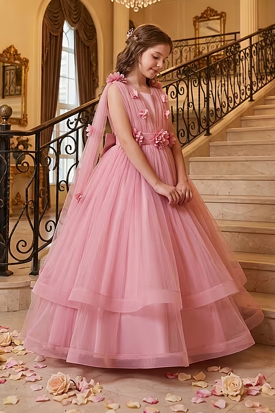 Pink Round Neck 3D Floral Embellished Tulle Cape Train Floor-Length Dress