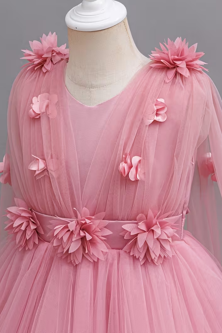 Pink Round Neck 3D Floral Embellished Tulle Cape Train Floor-Length Dress