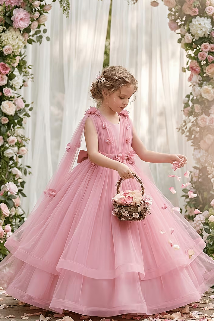 Pink Round Neck 3D Floral Embellished Tulle Cape Train Floor-Length Dress