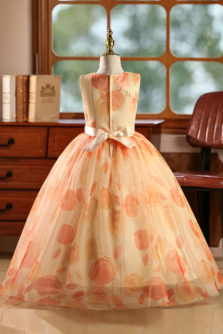 Orange Floral Printed 3D Waist Flower Round Neck Tulle A-Line Dress