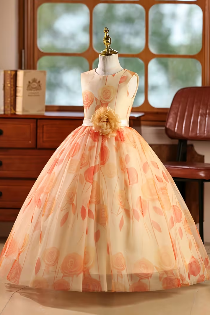 Orange Floral Printed 3D Waist Flower Round Neck Tulle A-Line Dress
