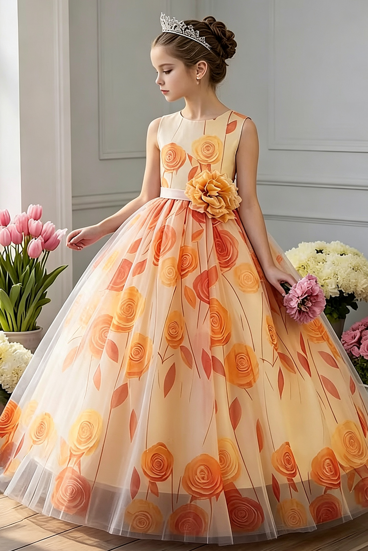 Orange Floral Printed 3D Waist Flower Round Neck Tulle A-Line Dress
