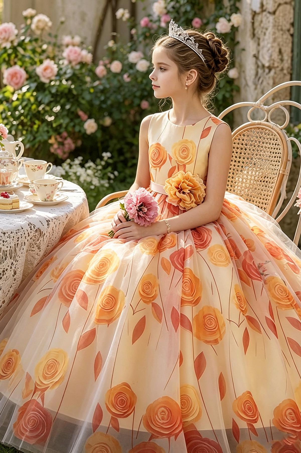 Orange Floral Printed 3D Waist Flower Round Neck Tulle A-Line Dress