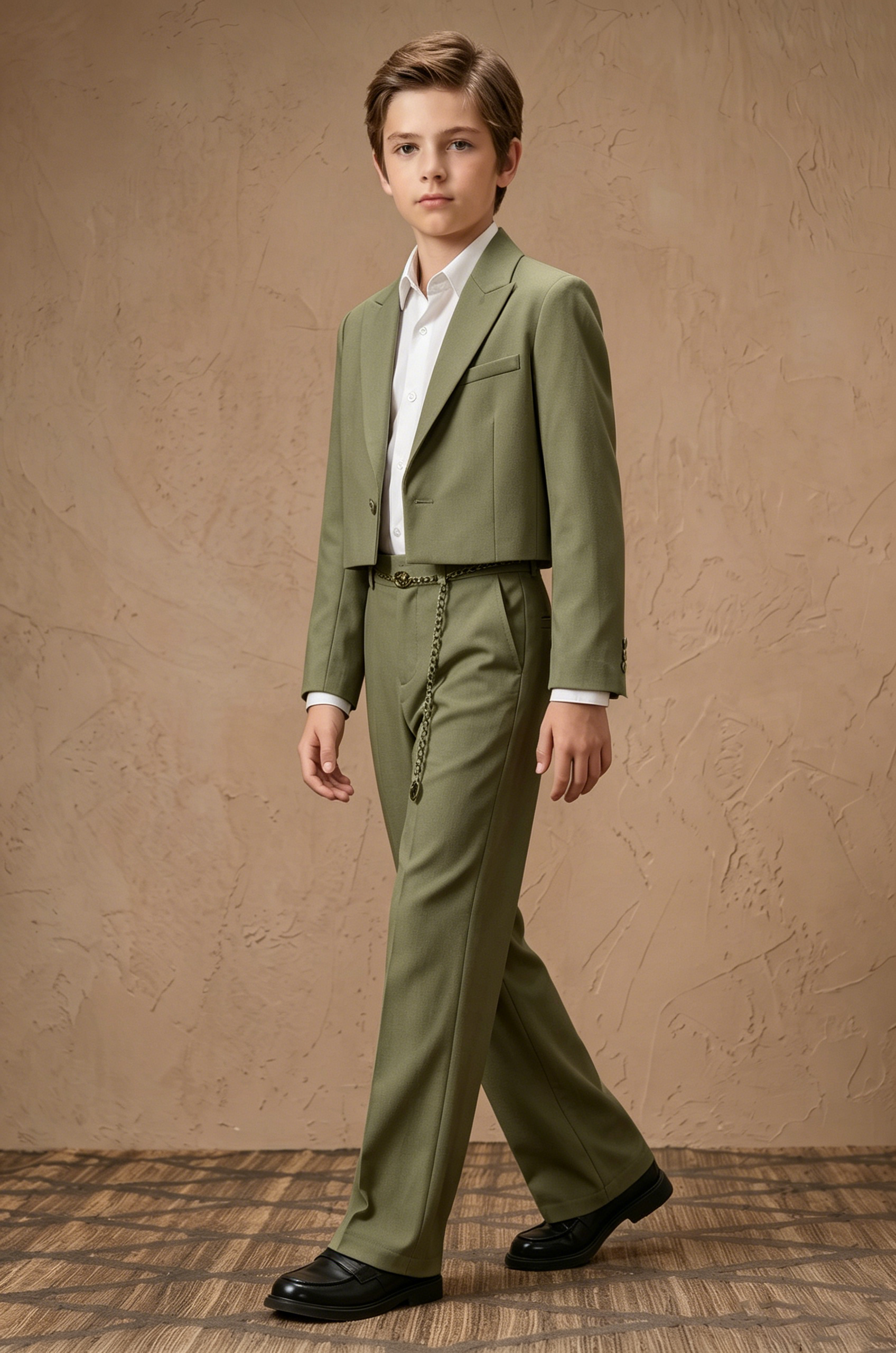 Olive Serge-Blend Single-Breasted Cropped Blazer 2-Piece Suit