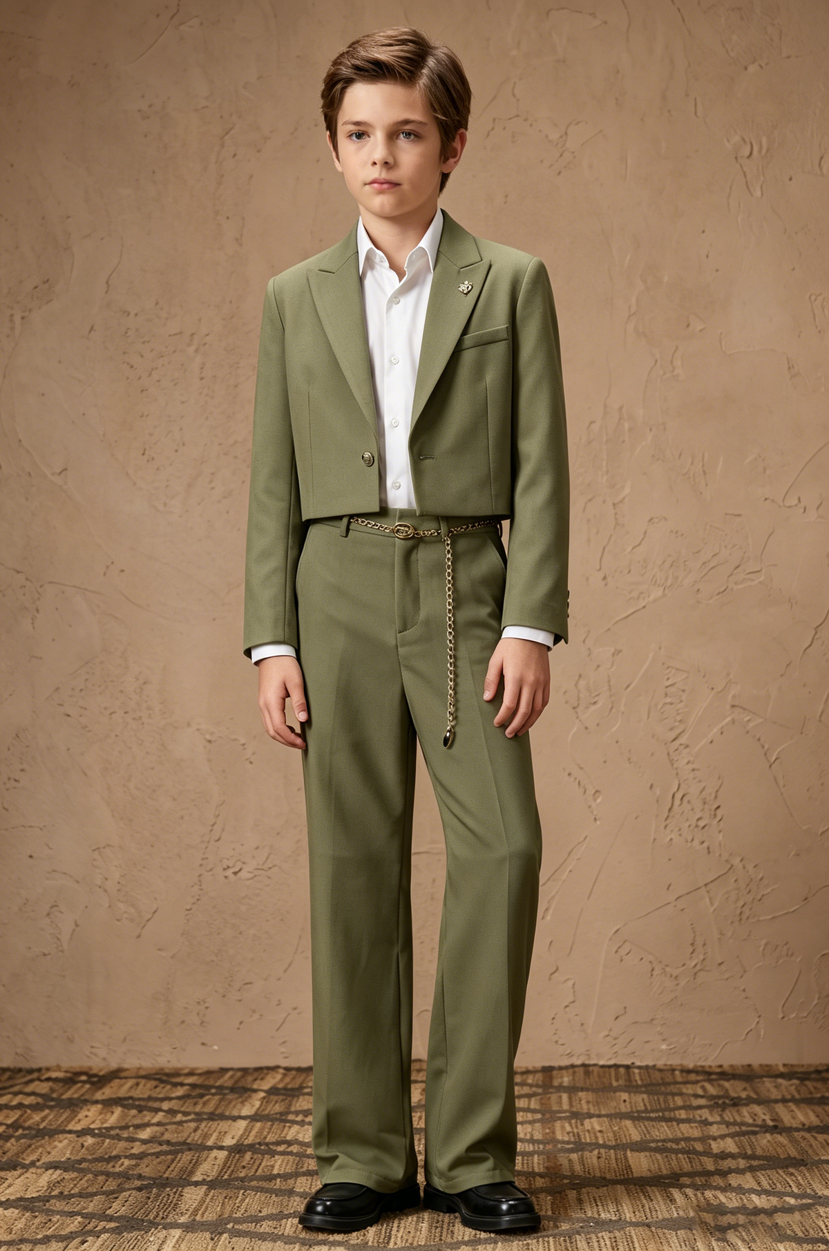 Olive Serge-Blend Single-Breasted Cropped Blazer 2-Piece Suit