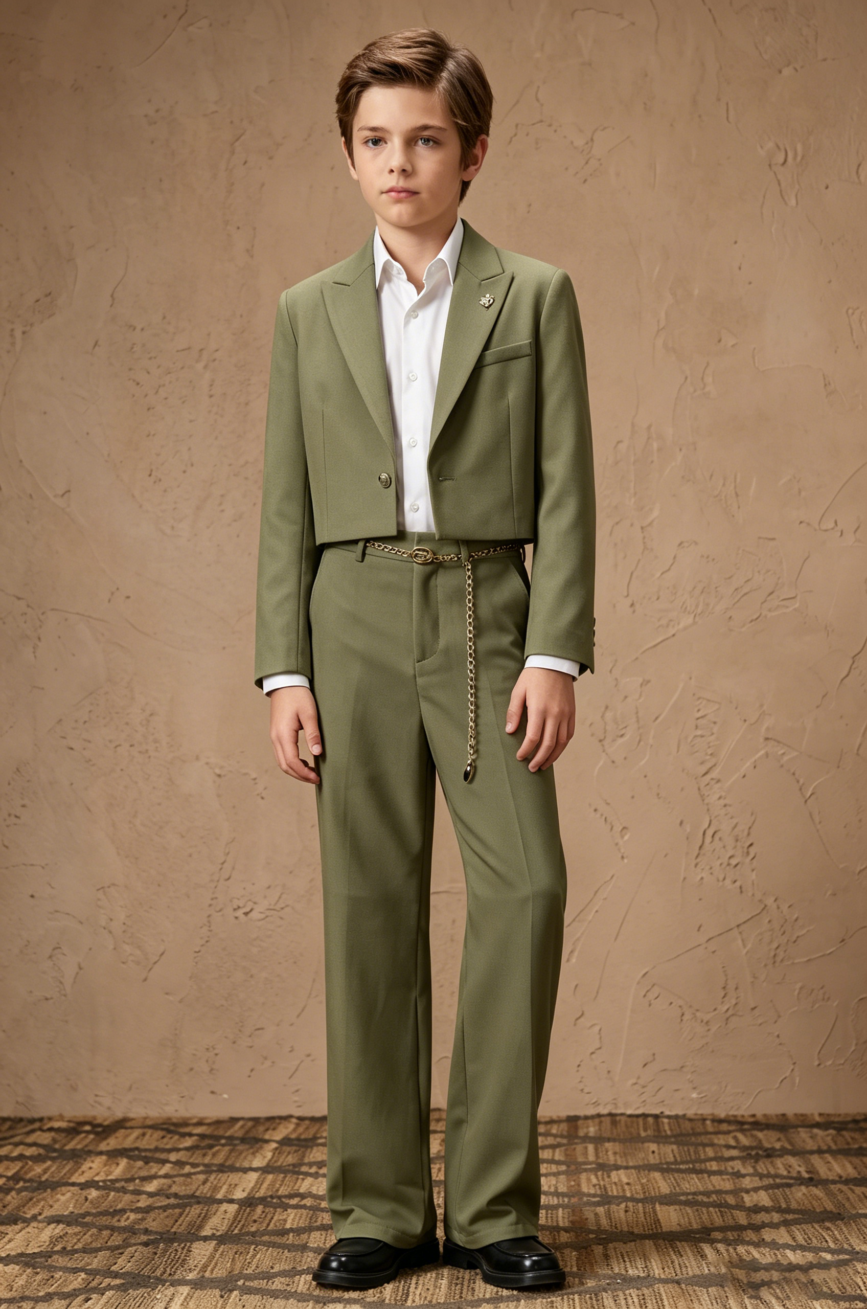 Olive Serge-Blend Single-Breasted Cropped Blazer 2-Piece Suit