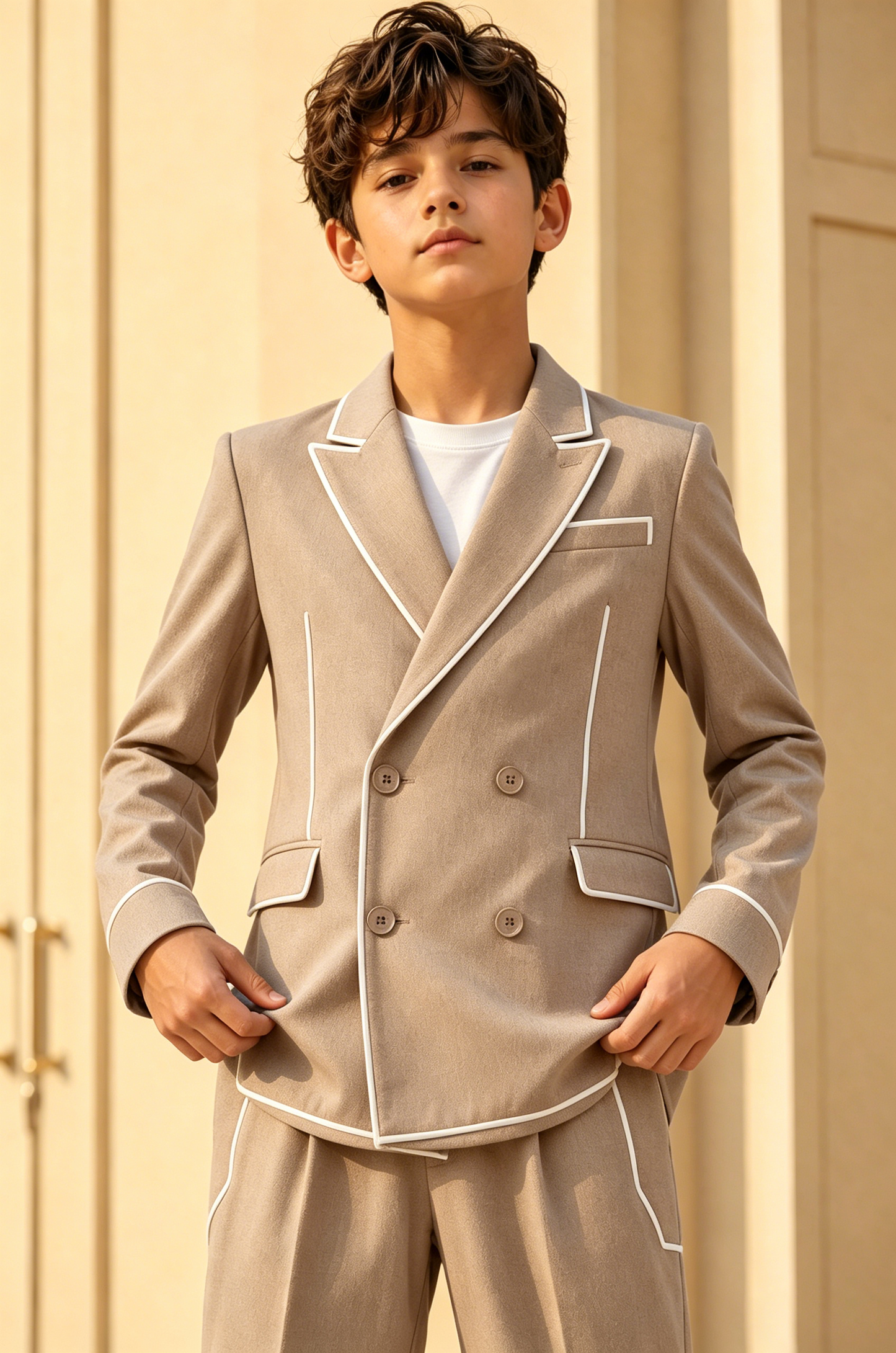 Light Coffee Cotton-Linen Blend White Piped Double-Breasted 2-Piece Suit