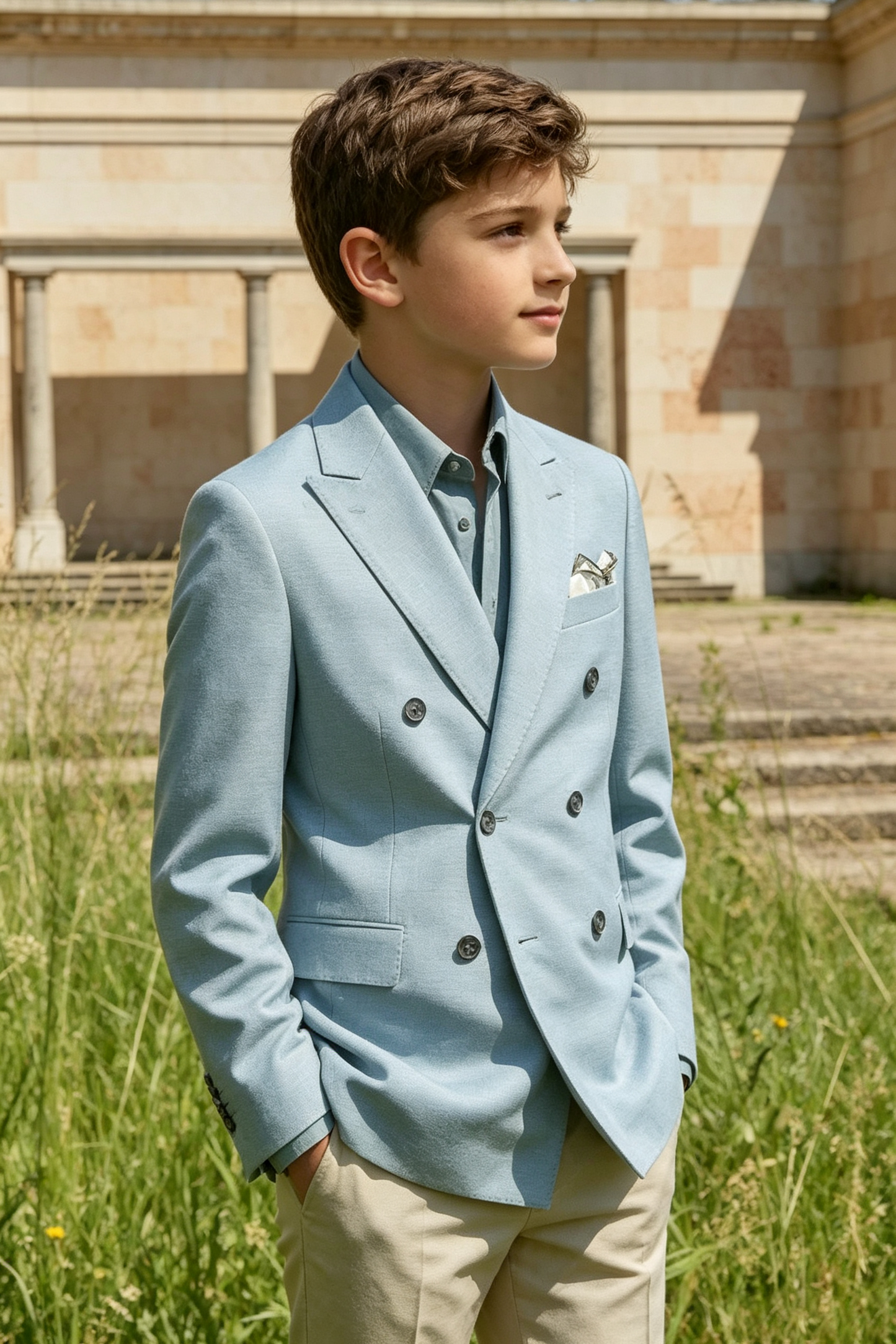 Sky Blue & Beige Cotton-Linen Blend Double-Breasted 2-Piece Suit