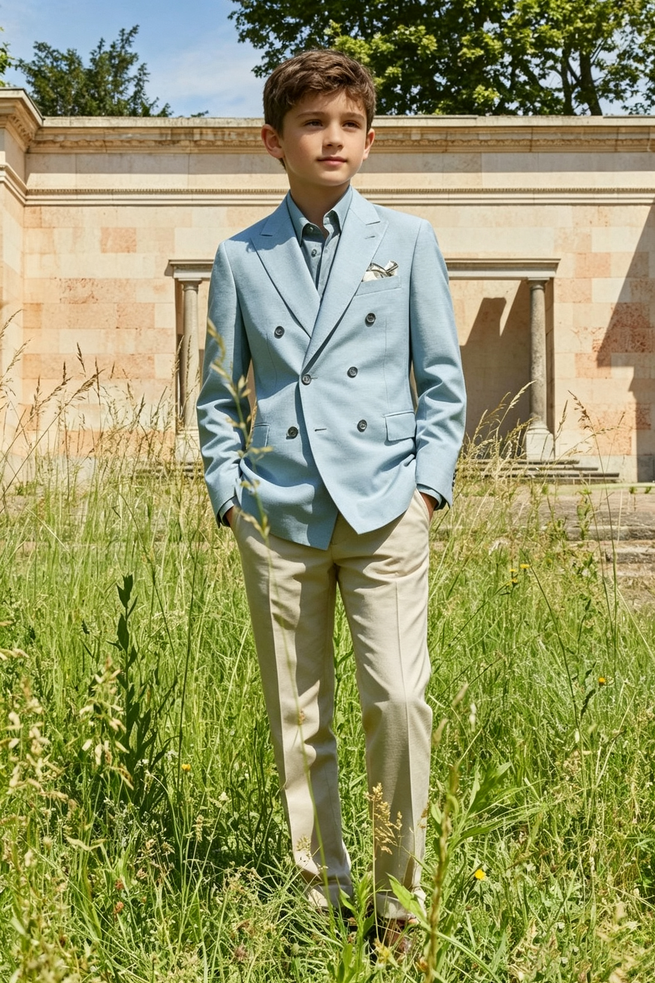 Sky Blue & Beige Cotton-Linen Blend Double-Breasted 2-Piece Suit