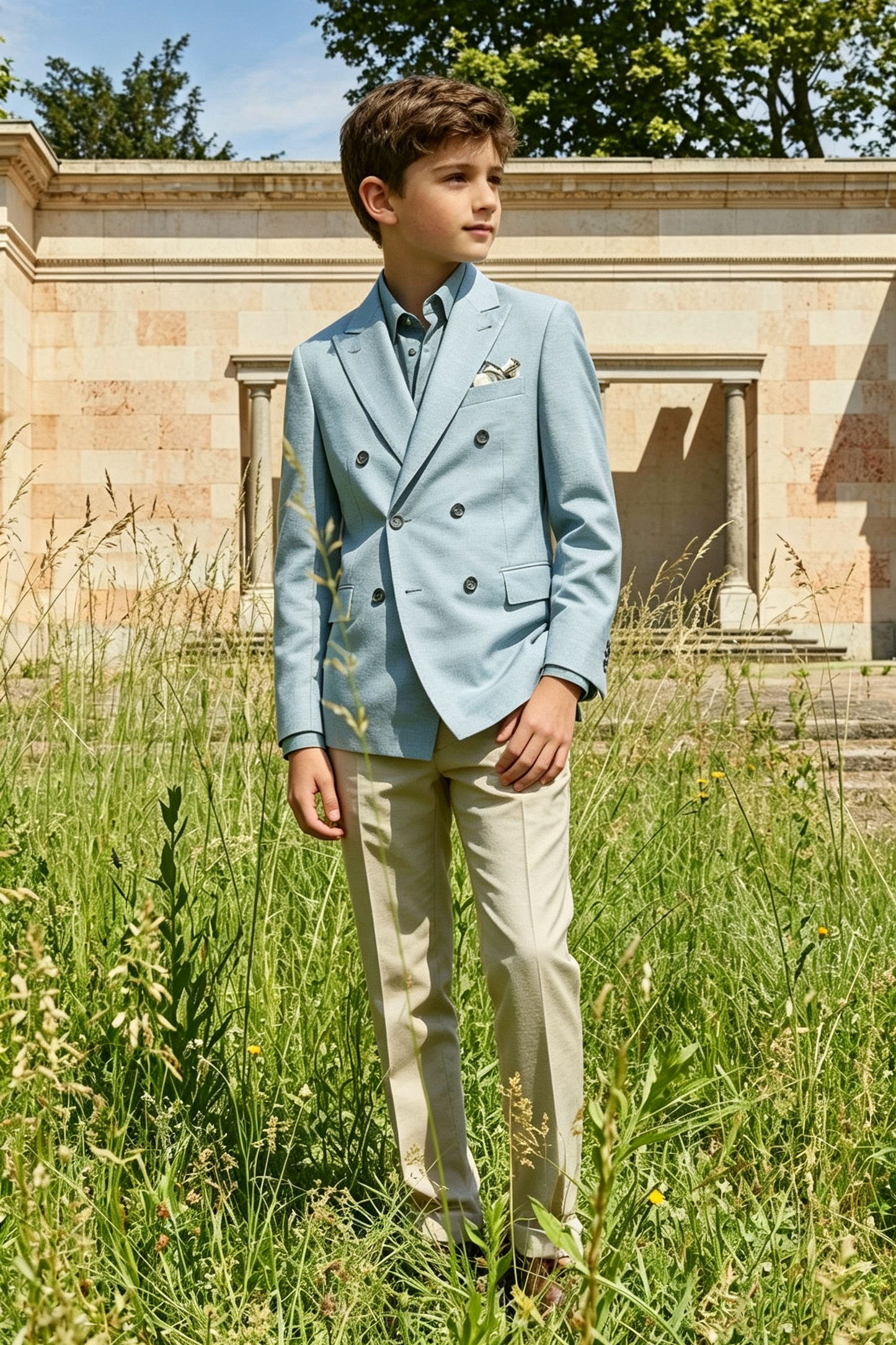 Sky Blue & Beige Cotton-Linen Blend Double-Breasted 2-Piece Suit