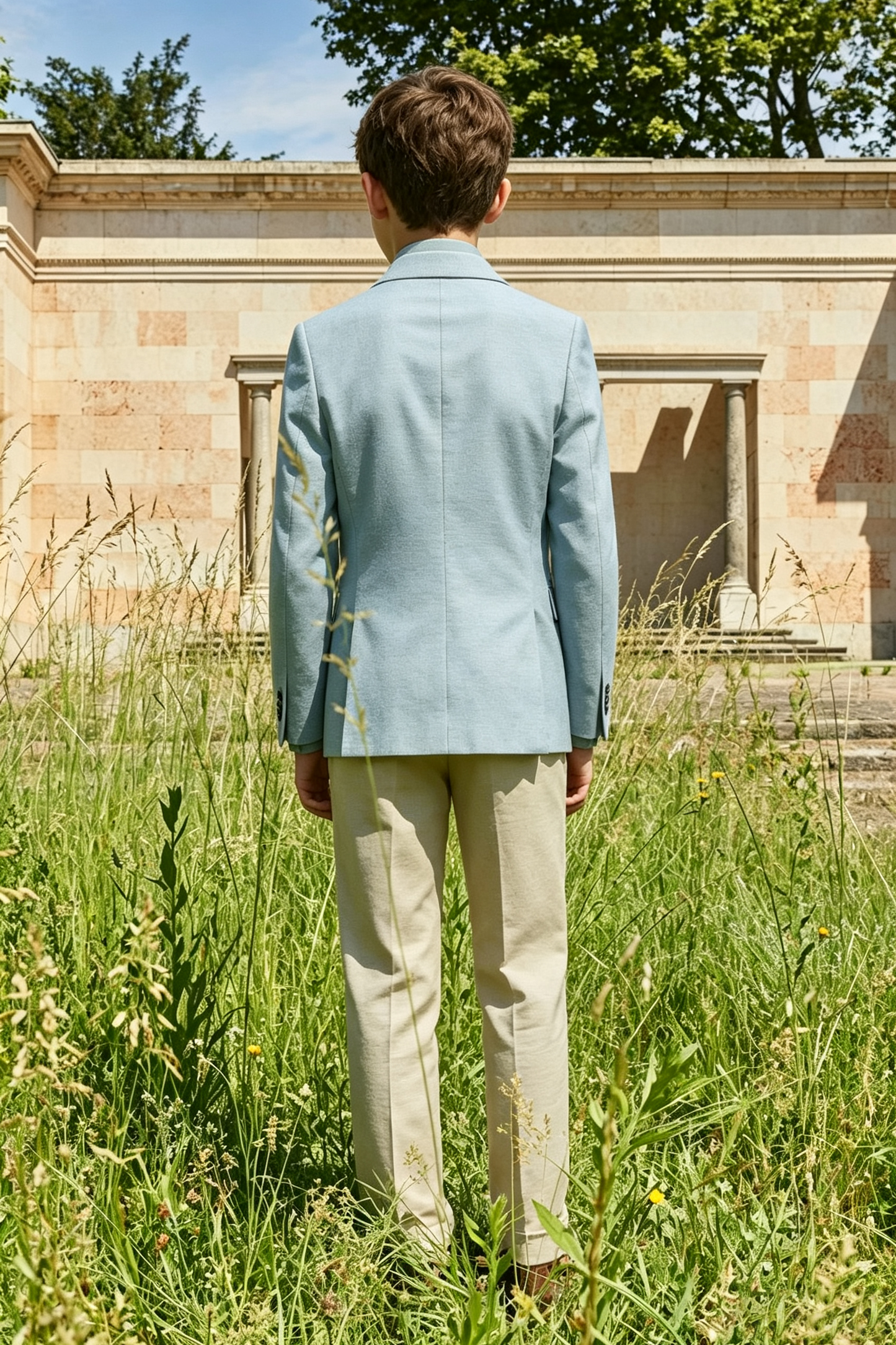 Sky Blue & Beige Cotton-Linen Blend Double-Breasted 2-Piece Suit