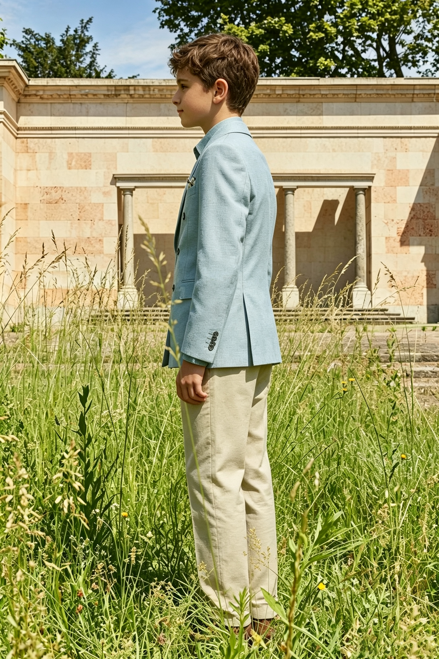 Sky Blue & Beige Cotton-Linen Blend Double-Breasted 2-Piece Suit