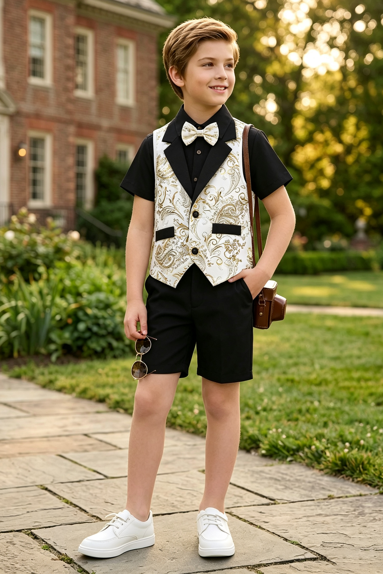 Black & White Serge-Blend Gold Foil Print 3-Piece Set (Shirt + Waistcoat + Shorts)
