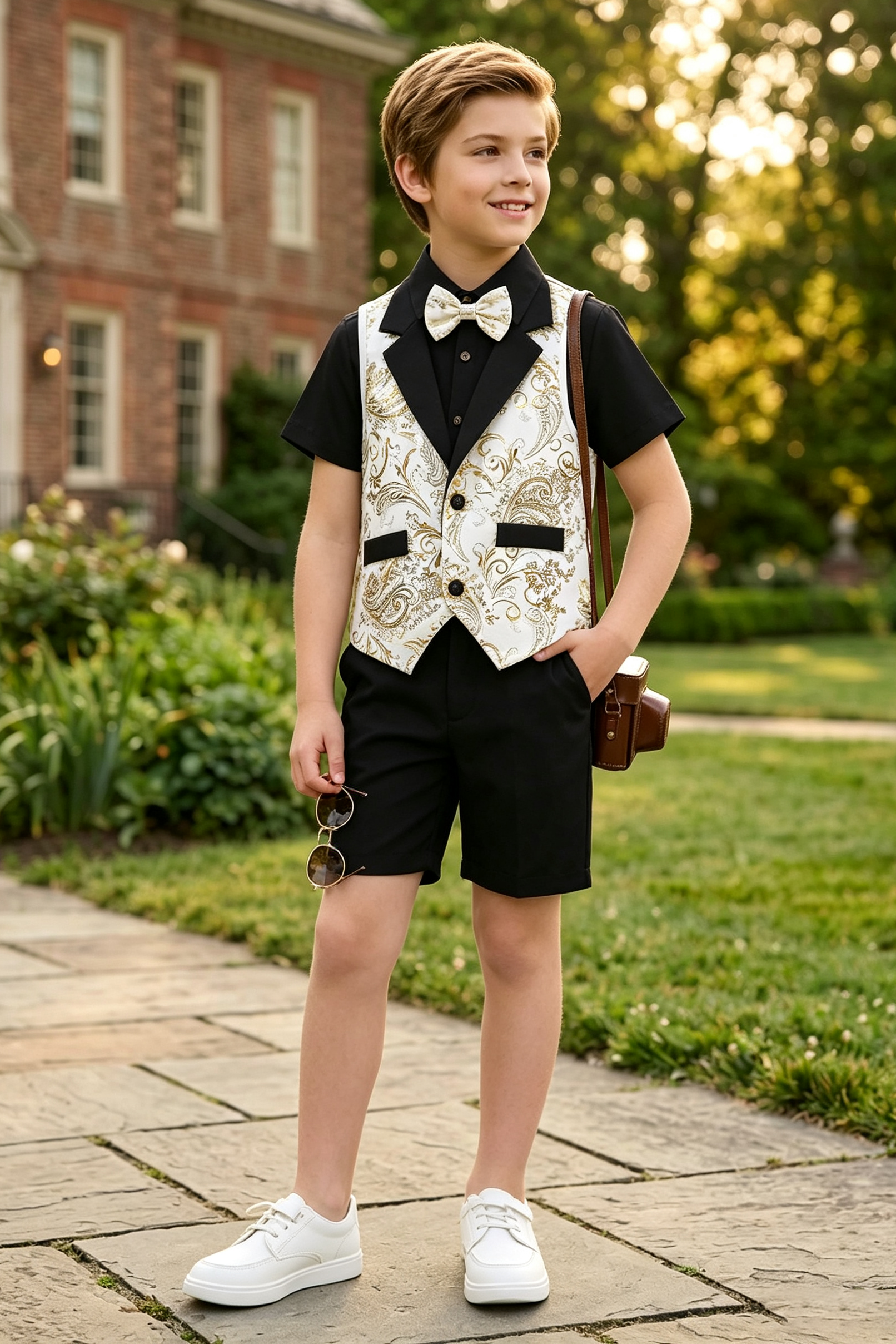 Black & White Serge-Blend Gold Foil Print 3-Piece Set (Shirt + Waistcoat + Shorts)