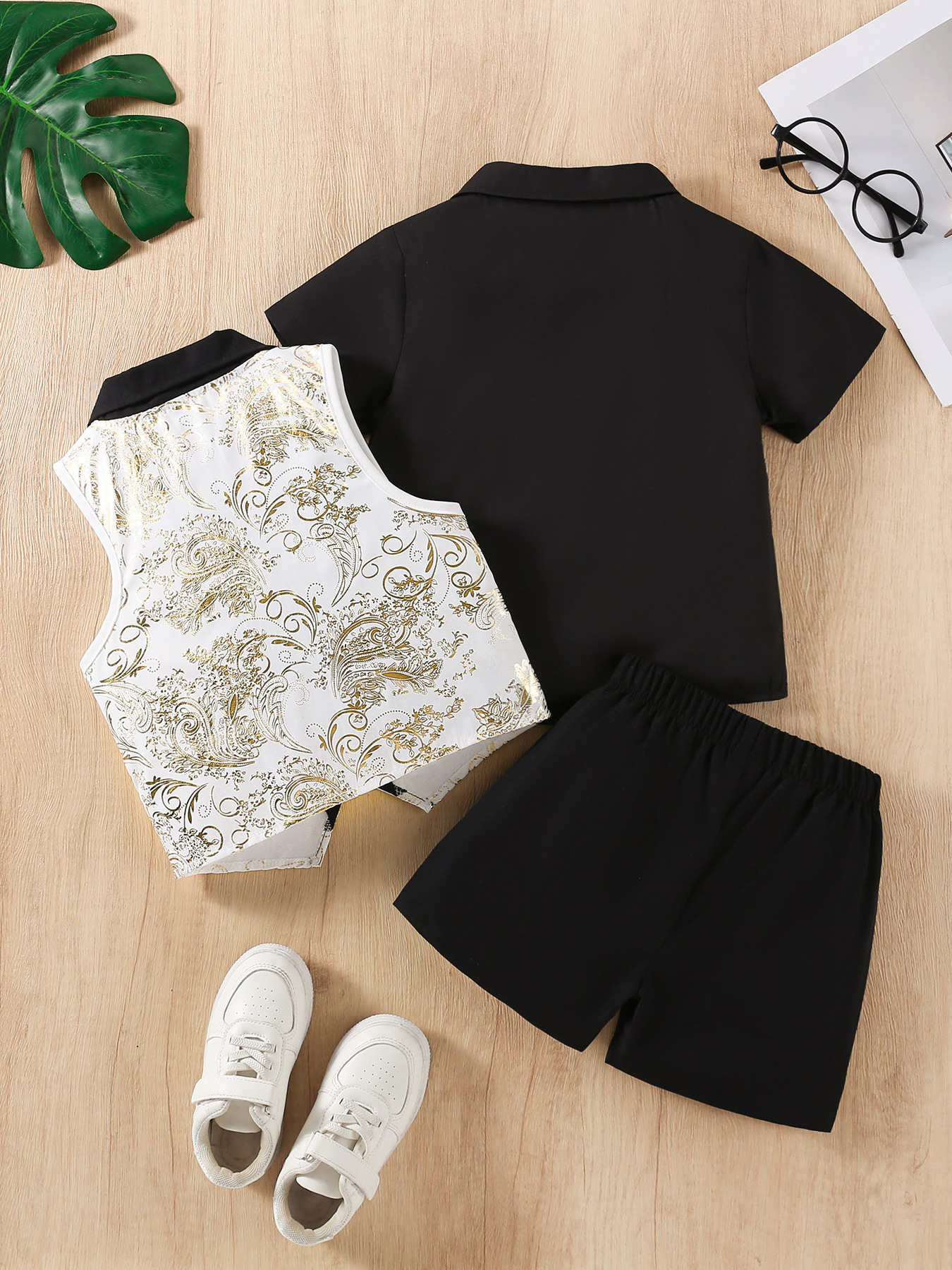 Black & White Serge-Blend Gold Foil Print 3-Piece Set (Shirt + Waistcoat + Shorts)