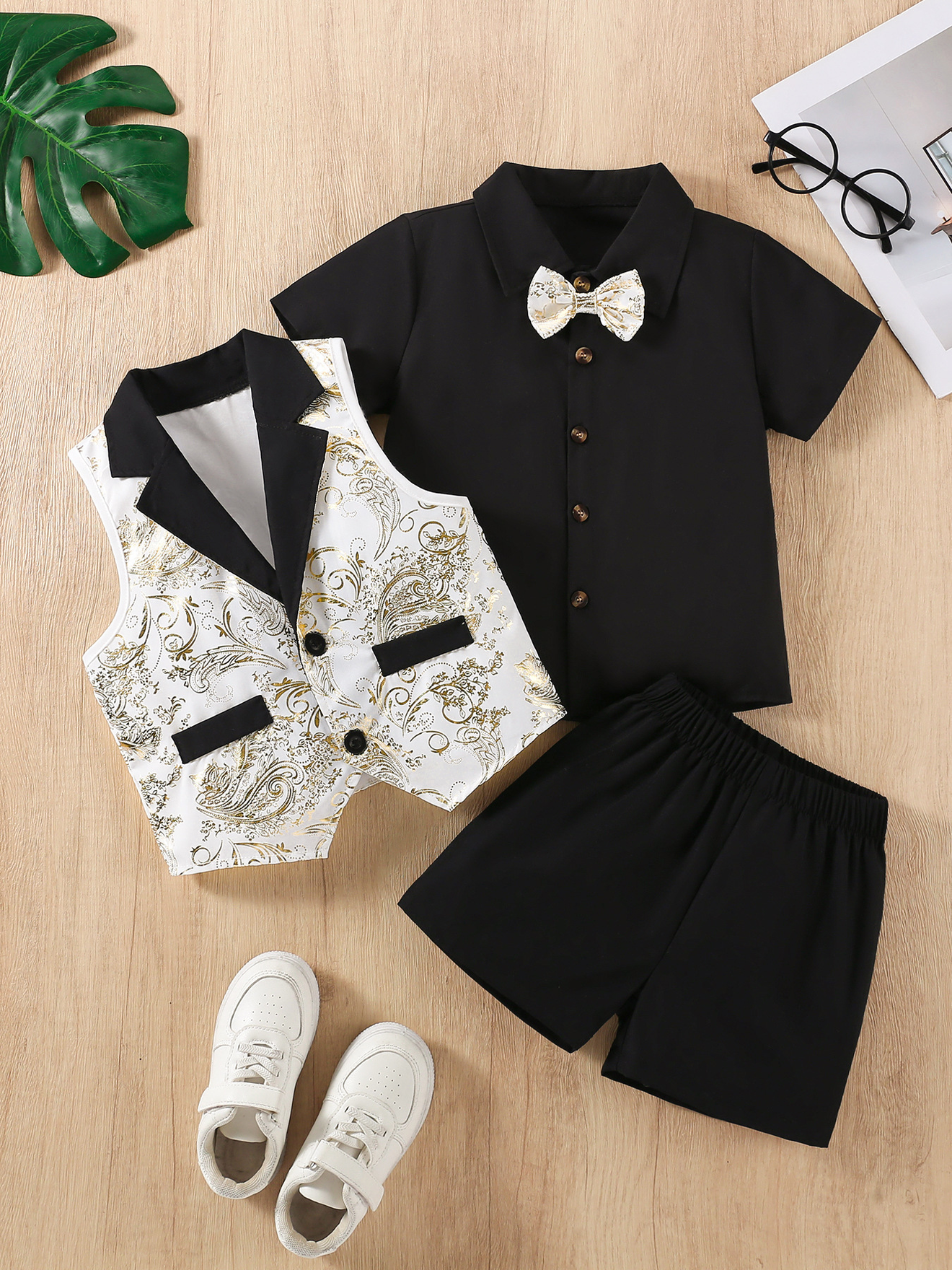Black & White Serge-Blend Gold Foil Print 3-Piece Set (Shirt + Waistcoat + Shorts)