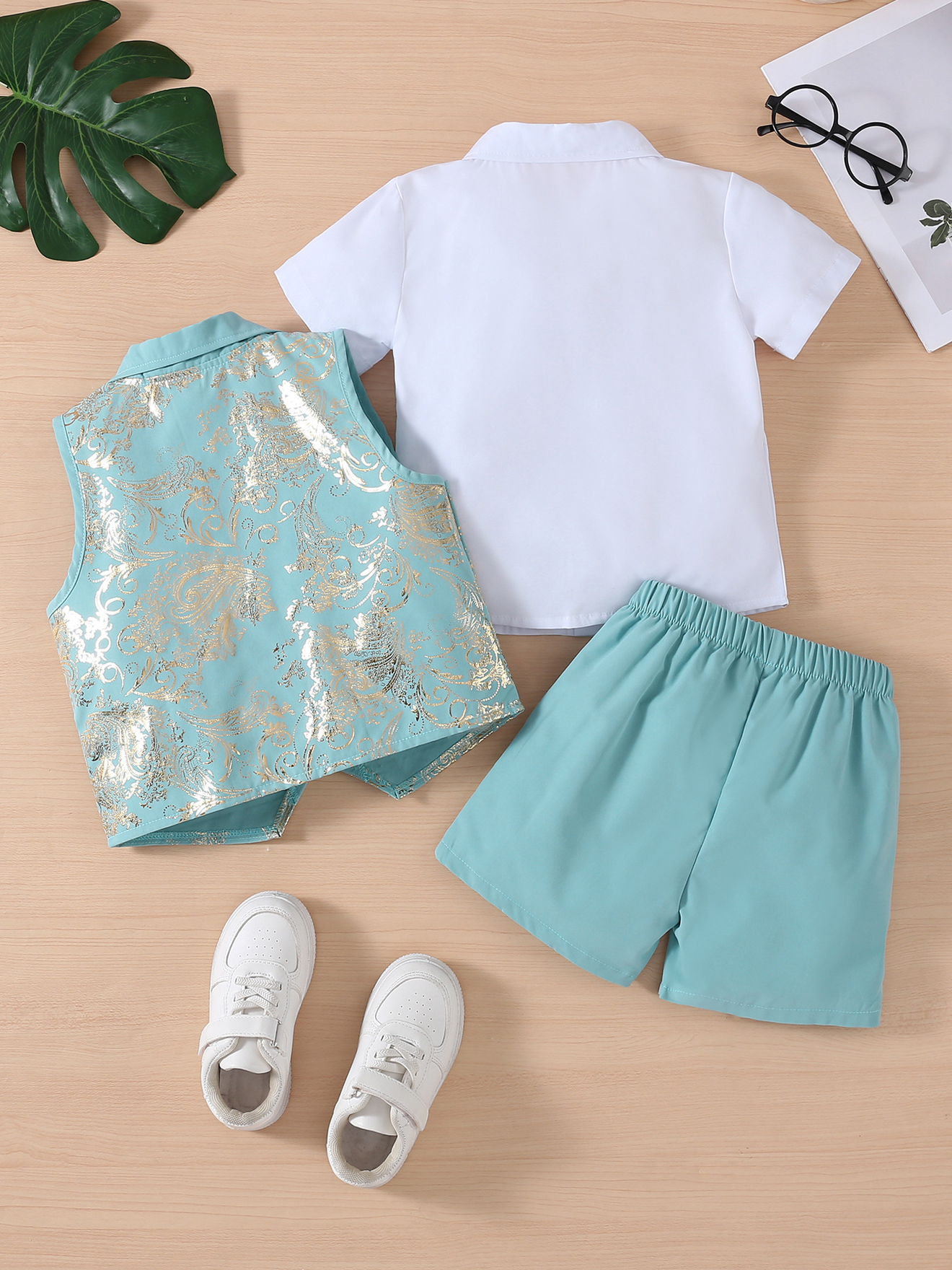 Sky Blue Serge-Blend Gold Foil Print 3-Piece Set (Shirt + Waistcoat + Shorts)