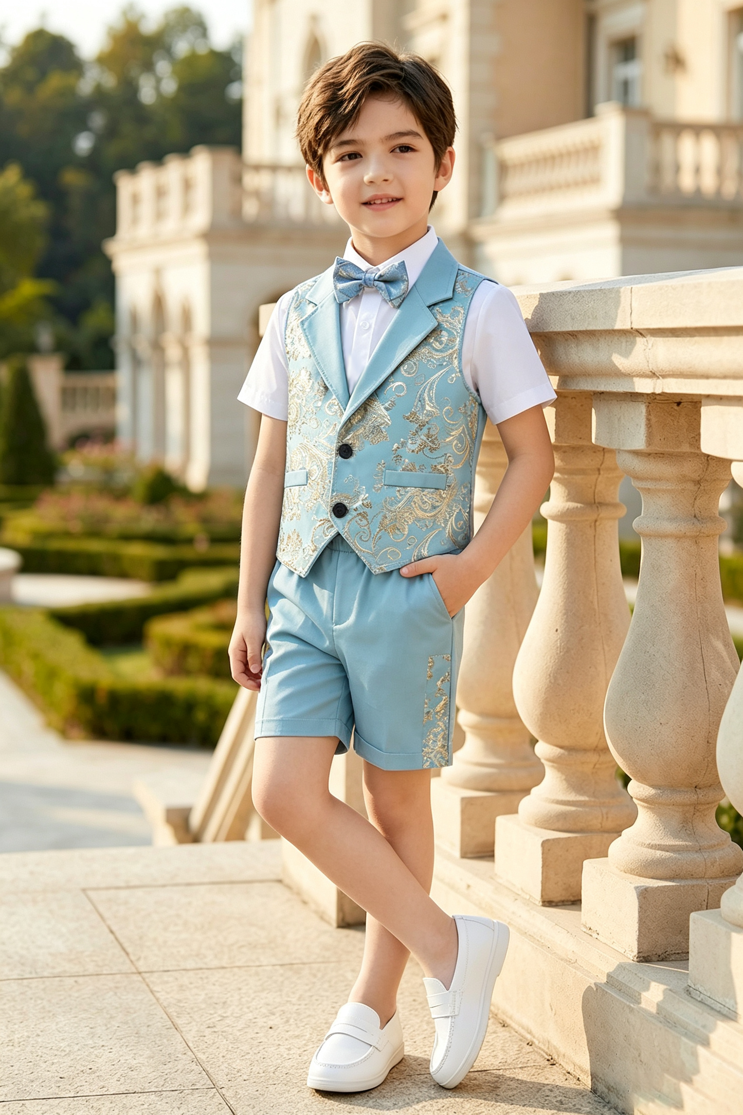 Sky Blue Serge-Blend Gold Foil Print 3-Piece Set (Shirt + Waistcoat + Shorts)