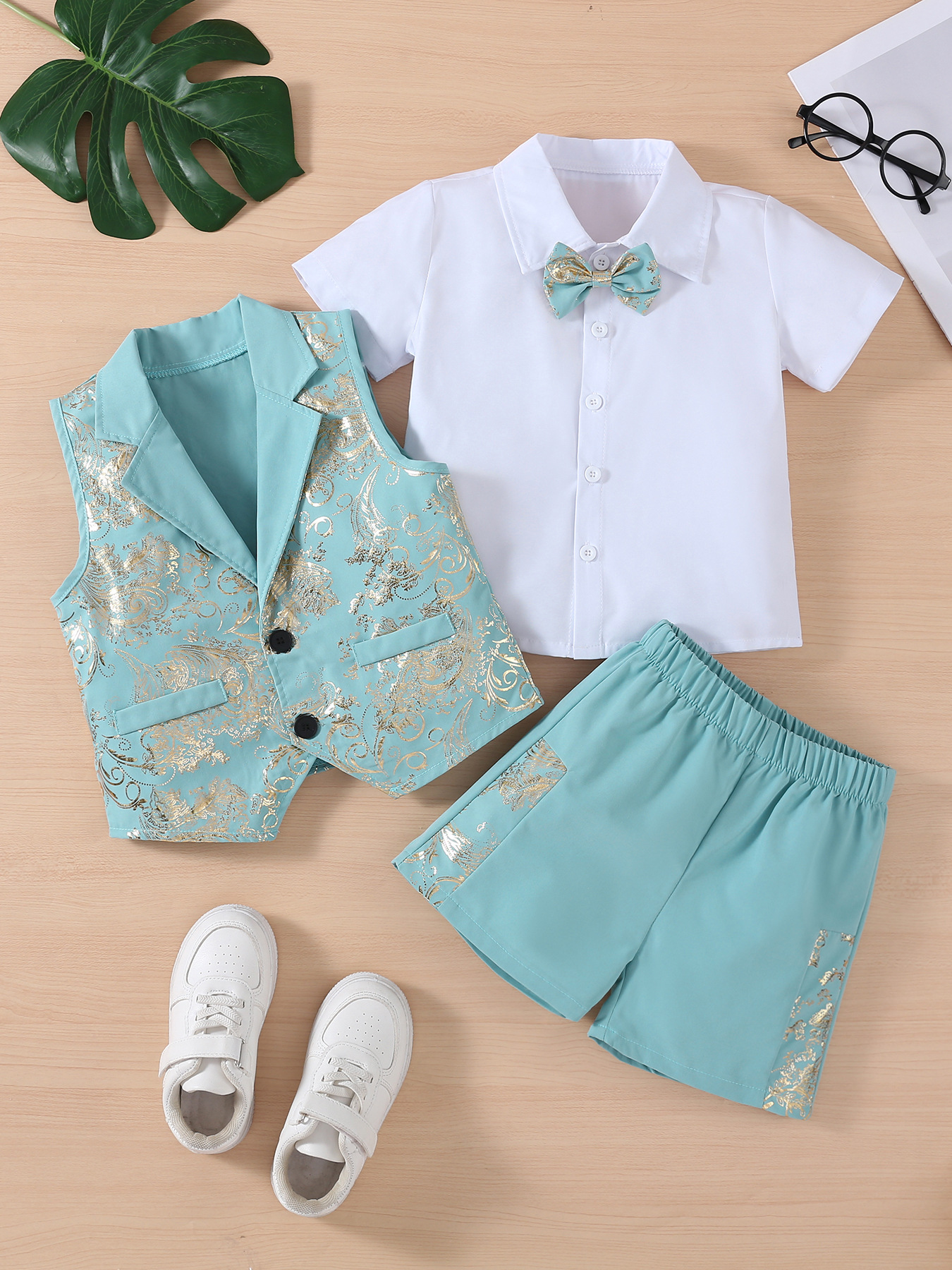 Sky Blue Serge-Blend Gold Foil Print 3-Piece Set (Shirt + Waistcoat + Shorts)