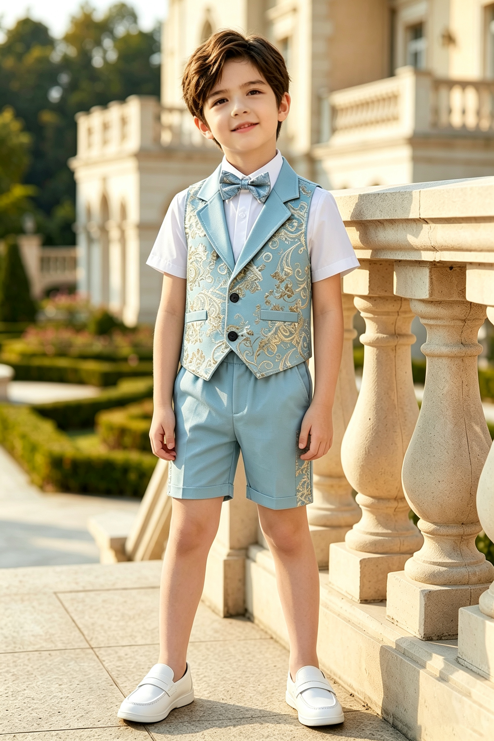 Sky Blue Serge-Blend Gold Foil Print 3-Piece Set (Shirt + Waistcoat + Shorts)