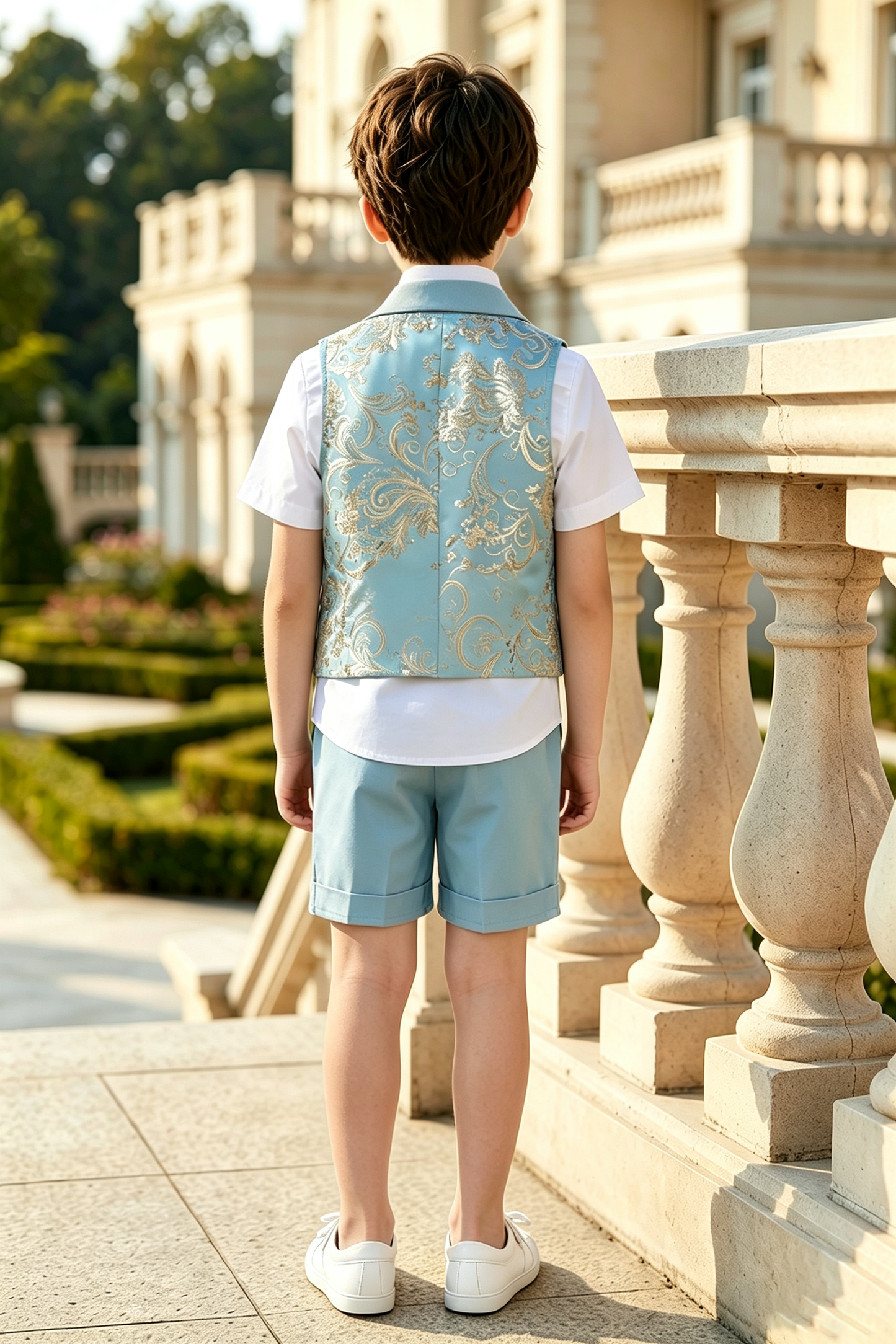 Sky Blue Serge-Blend Gold Foil Print 3-Piece Set (Shirt + Waistcoat + Shorts)