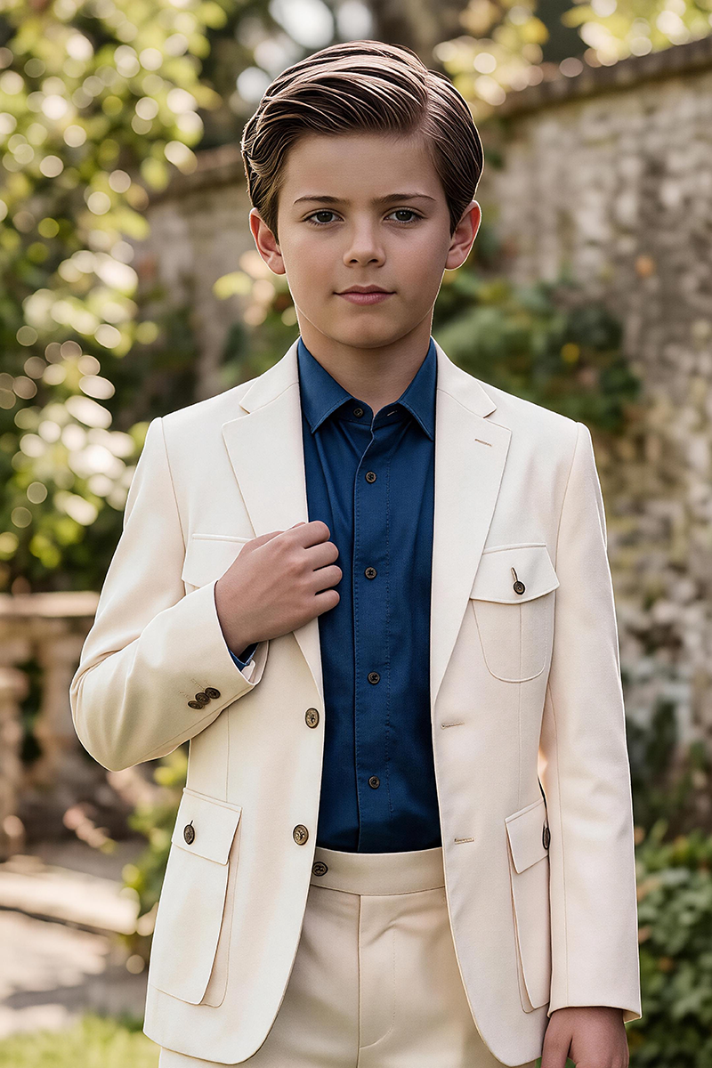 Boys Cream Notch Lapel Cargo Pocket Blazer & Matching Trousers 2-Piece Suit
