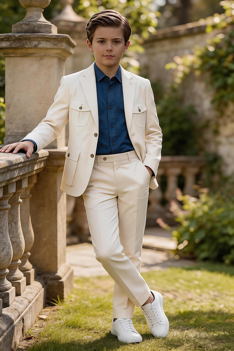 Boys Cream Notch Lapel Cargo Pocket Blazer & Matching Trousers 2-Piece Suit
