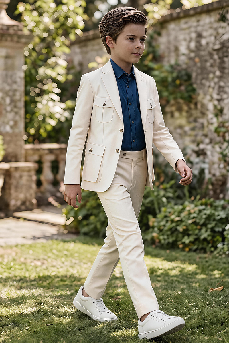 Boys Cream Notch Lapel Cargo Pocket Blazer & Matching Trousers 2-Piece Suit