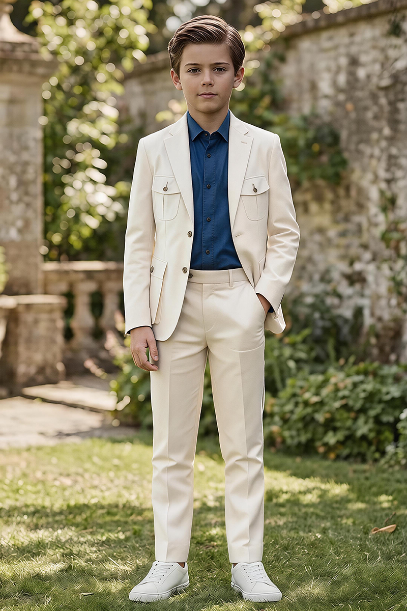 Boys Cream Notch Lapel Cargo Pocket Blazer & Matching Trousers 2-Piece Suit