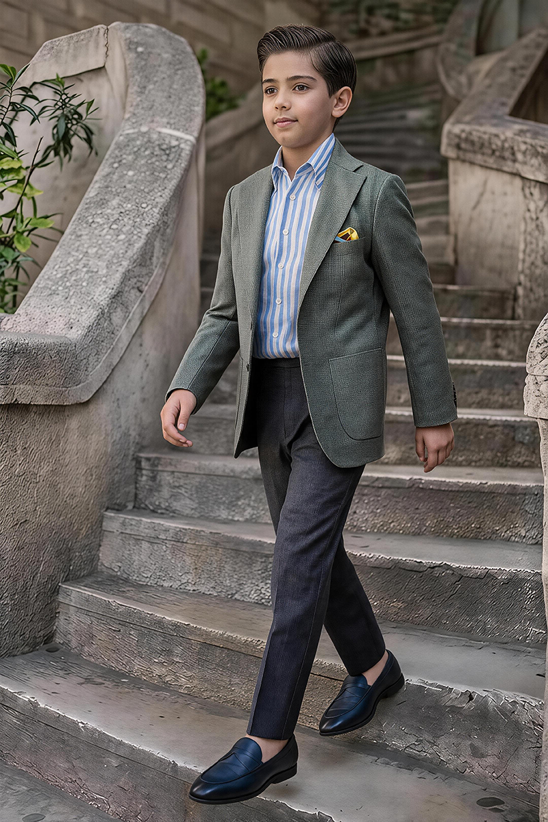 Boys Sage Textured Notch Lapel Blazer & Dark Navy Trousers 2-Piece Suit