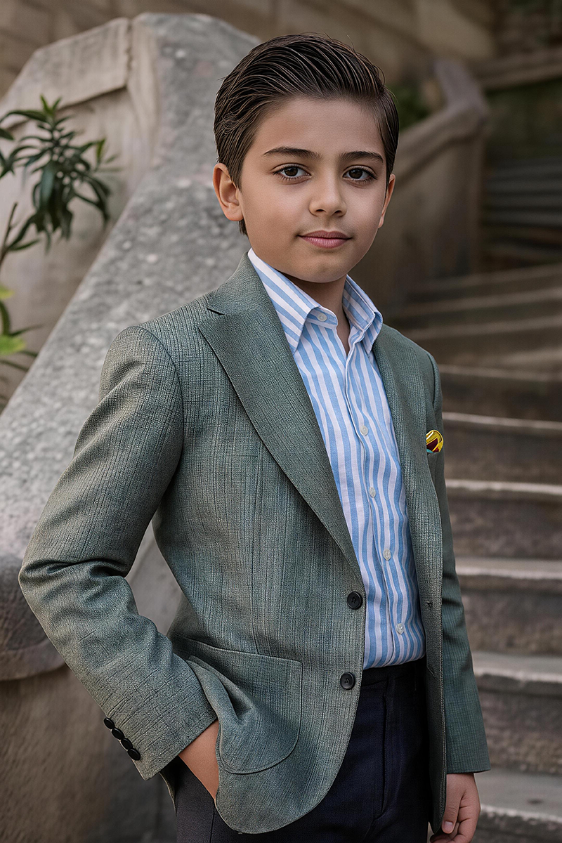Boys Sage Textured Notch Lapel Blazer & Dark Navy Trousers 2-Piece Suit