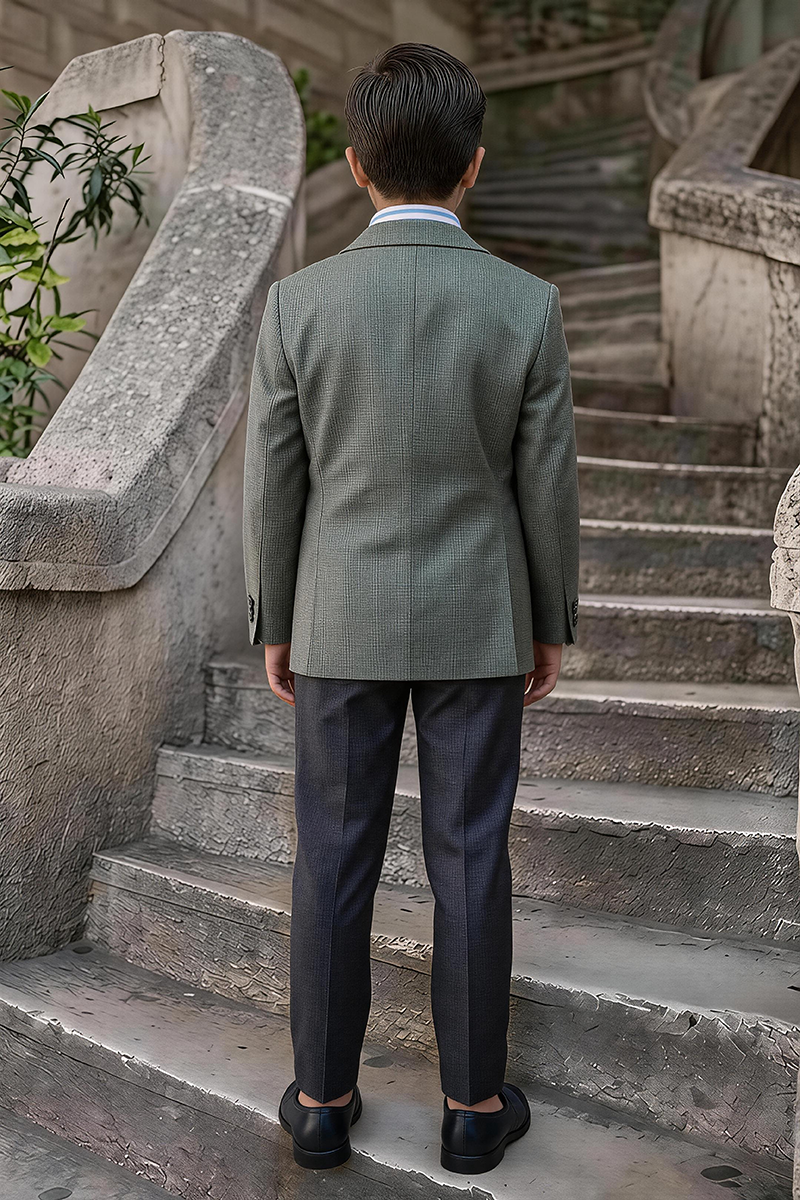 Boys Sage Textured Notch Lapel Blazer & Dark Navy Trousers 2-Piece Suit