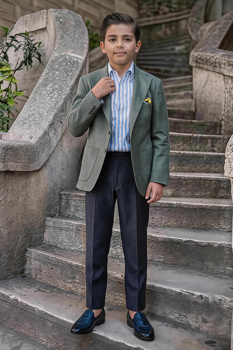 Boys Sage Textured Notch Lapel Blazer & Dark Navy Trousers 2-Piece Suit