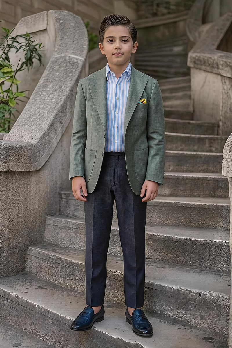Boys Sage Textured Notch Lapel Blazer & Dark Navy Trousers 2-Piece Suit