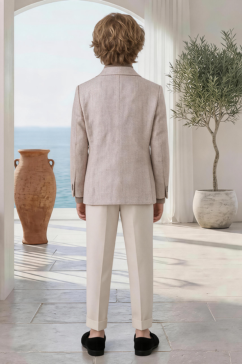 Boys Light Beige Textured Linen Blazer & Cream Cuffed Trousers 2-Piece Suit