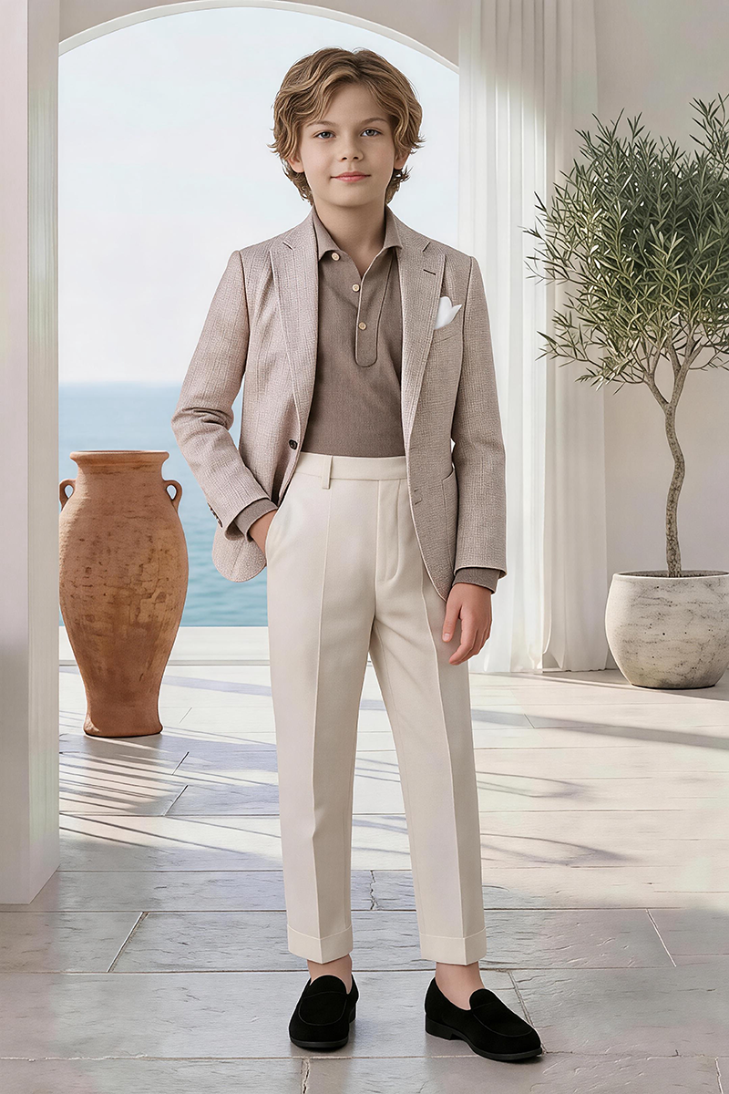 Boys Light Beige Textured Linen Blazer & Cream Cuffed Trousers 2-Piece Suit