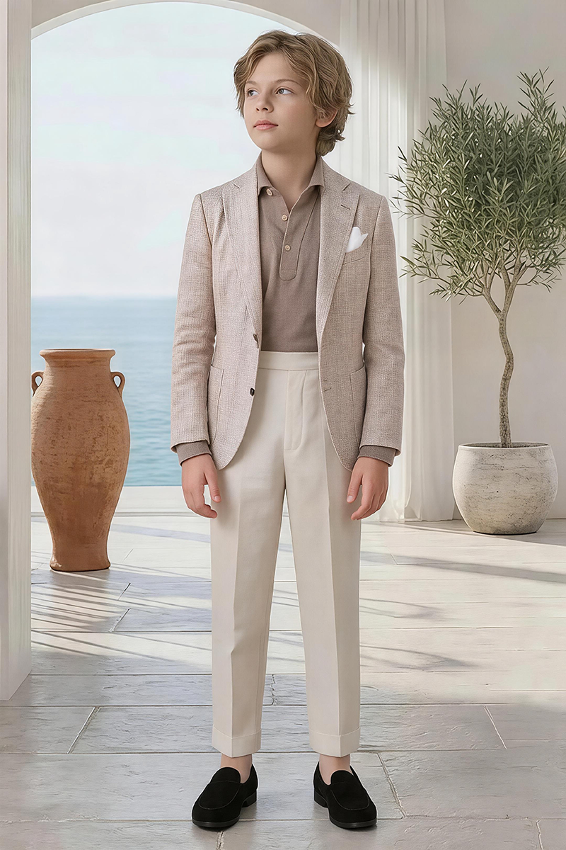 Boys Light Beige Textured Linen Blazer & Cream Cuffed Trousers 2-Piece Suit