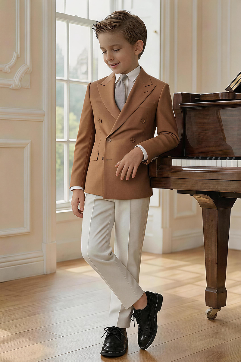 Boys Caramel Double Breasted Peak Lapel Blazer & Cream Trousers 2-Piece Suit