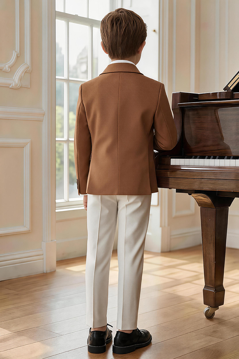 Boys Caramel Double Breasted Peak Lapel Blazer & Cream Trousers 2-Piece Suit