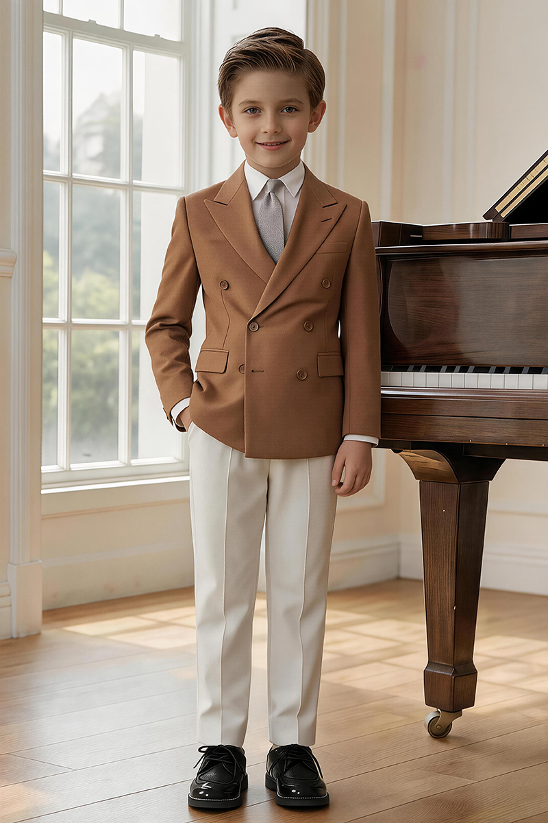 Boys Caramel Double Breasted Peak Lapel Blazer & Cream Trousers 2-Piece Suit