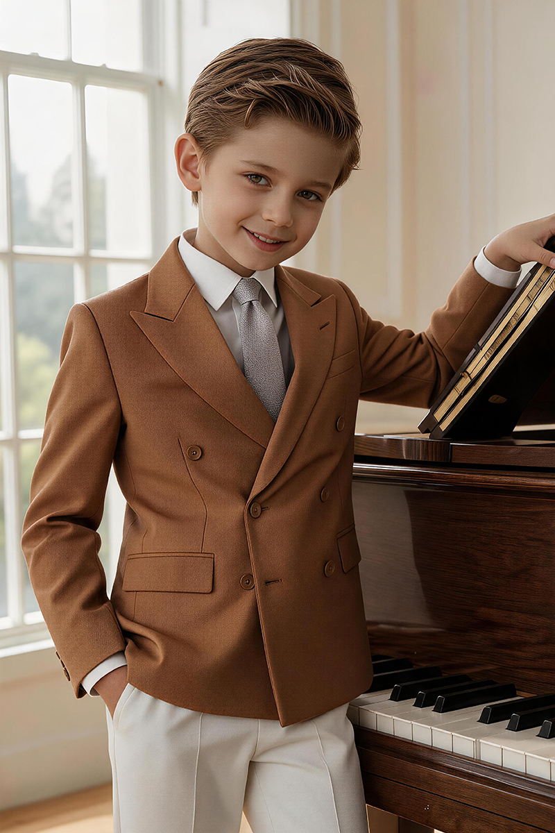 Boys Caramel Double Breasted Peak Lapel Blazer & Cream Trousers 2-Piece Suit