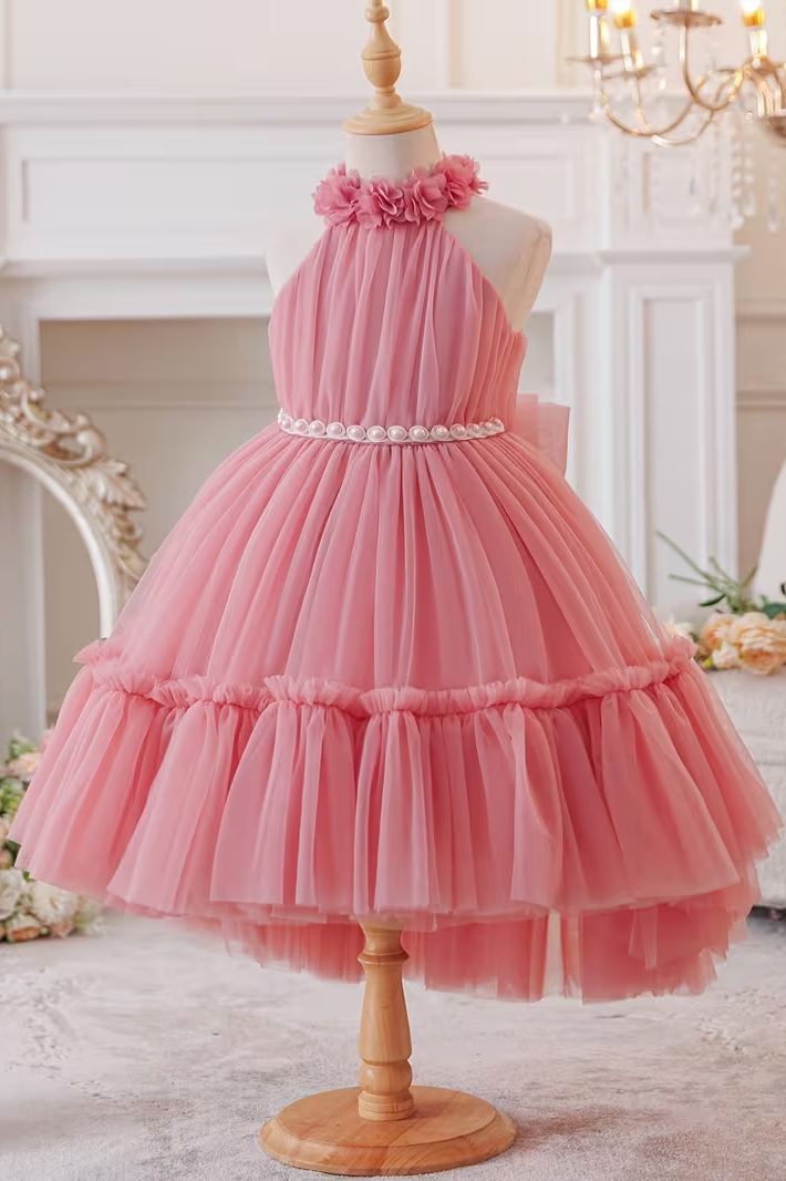 Pink Floral Halter Pearl Trim Two-Tier Tulle Back Bow A-Line Dress